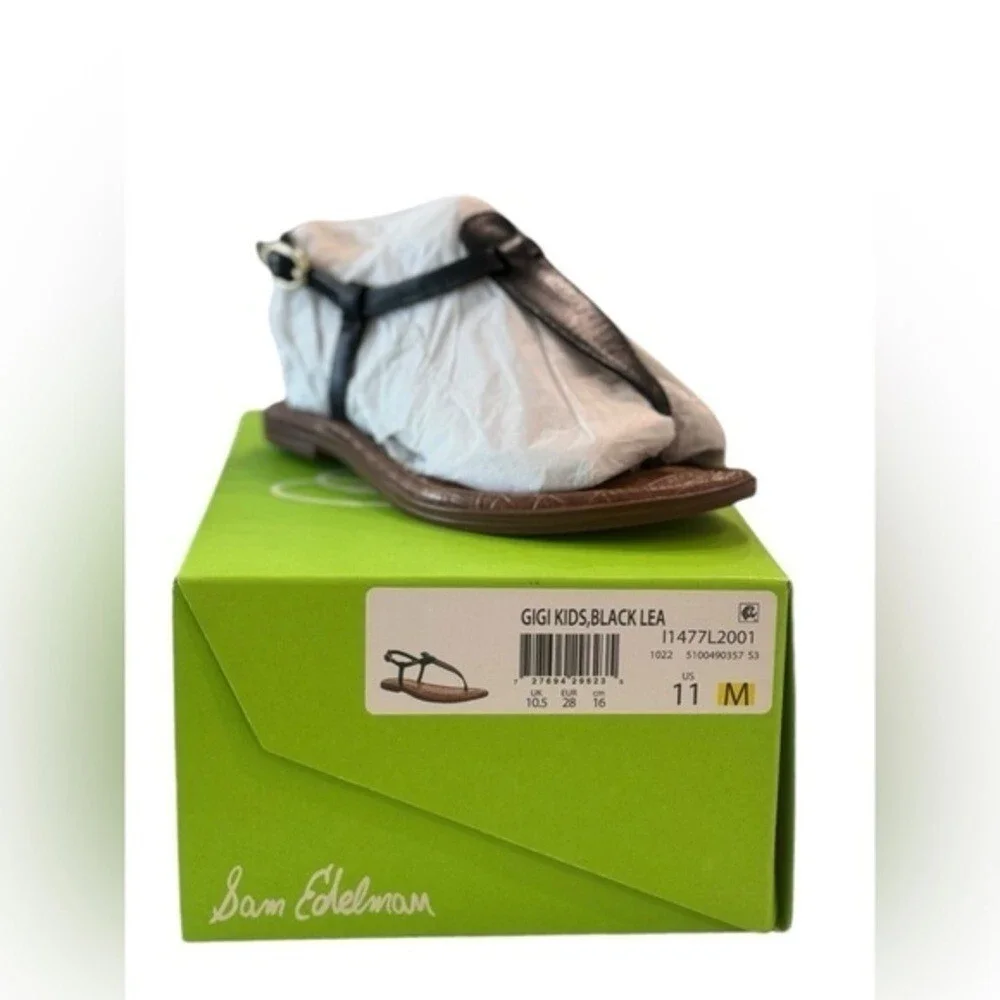 Sam Edelman Gigi Kids Black Leather T-Strap Thong Sandals Size 11 M NWB